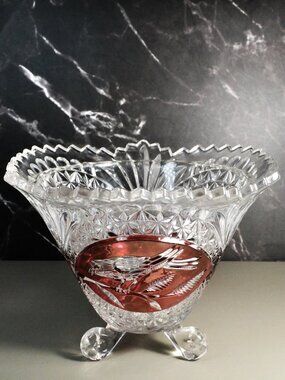 Hofbauer Byrdes Ruby Red Crystal 3 Footed Bowl Germany Vintage